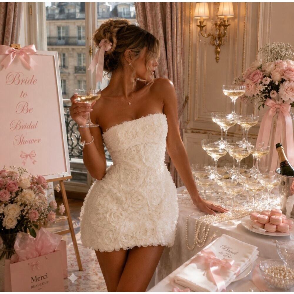 Oh Polly White Rosette Strapless Mini Dress Bridal Coquette NWT US 4 - Picture 5 of 16